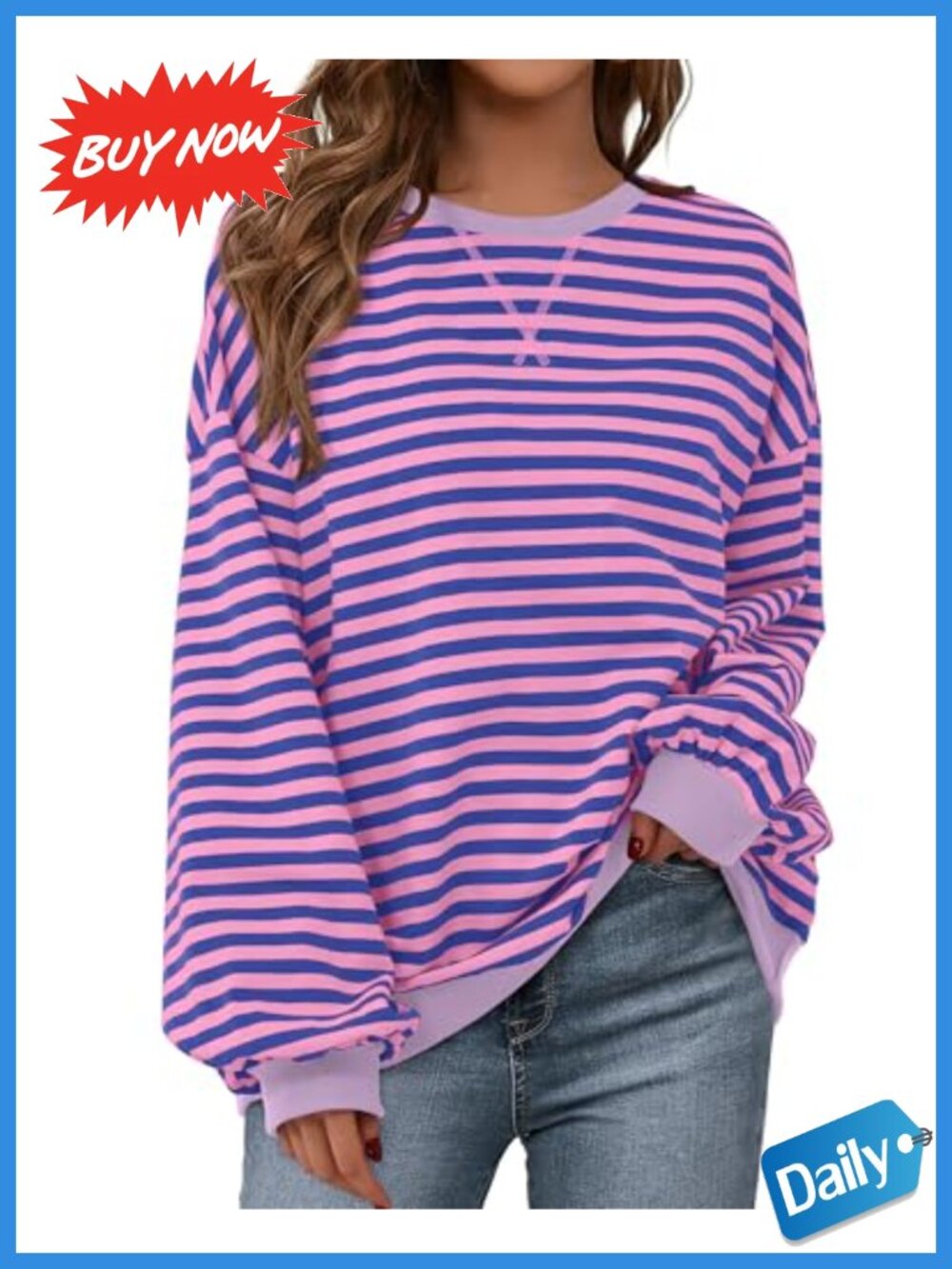 Oversized Striped Sweatshirt Lantern Sleeve Crewneck Pullover